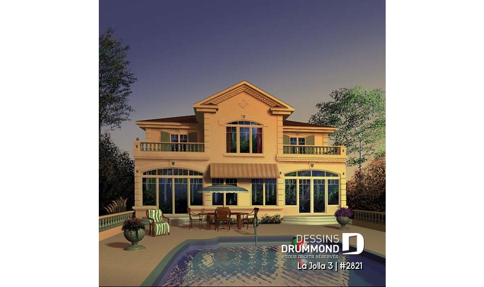 Vue arrière - MODÈLE DE BASE - Plan de maison bi-génération, logement 1 chambre pour les grand-parents, logement 3 chambres pour la famille - La Jolla 3