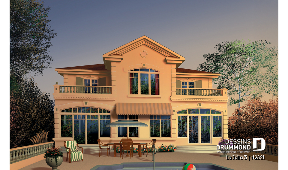 Vue arrière - MODÈLE DE BASE - Plan de maison bi-génération, logement 1 chambre pour les grand-parents, logement 3 chambres pour la famille - La Jolla 3