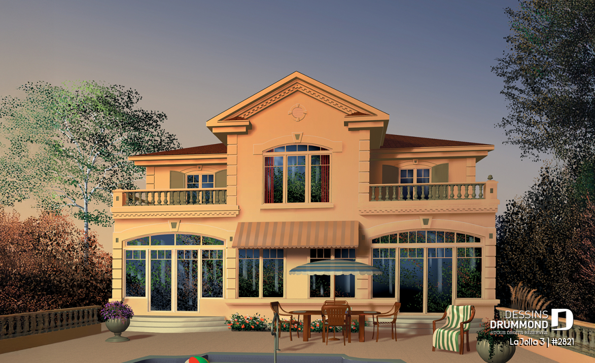 Vue arrière - MODÈLE DE BASE - Plan de maison bi-génération, logement 1 chambre pour les grand-parents, logement 3 chambres pour la famille - La Jolla 3
