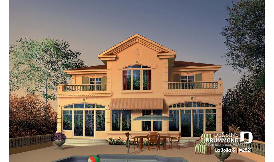 Vue arrière - MODÈLE DE BASE - Plan de maison bi-génération, logement 1 chambre pour les grand-parents, logement 3 chambres pour la famille - La Jolla 3