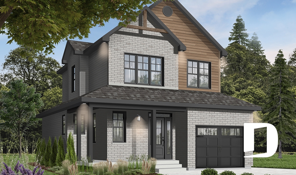 Vue avant - MODÈLE DE BASE - Modèle de maison champêtre à étage avec garage – Idéal pour lot étroit - Fabien