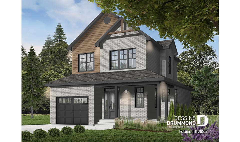 Vue avant - MODÈLE DE BASE - Modèle de maison champêtre à étage avec garage – Idéal pour lot étroit - Fabien