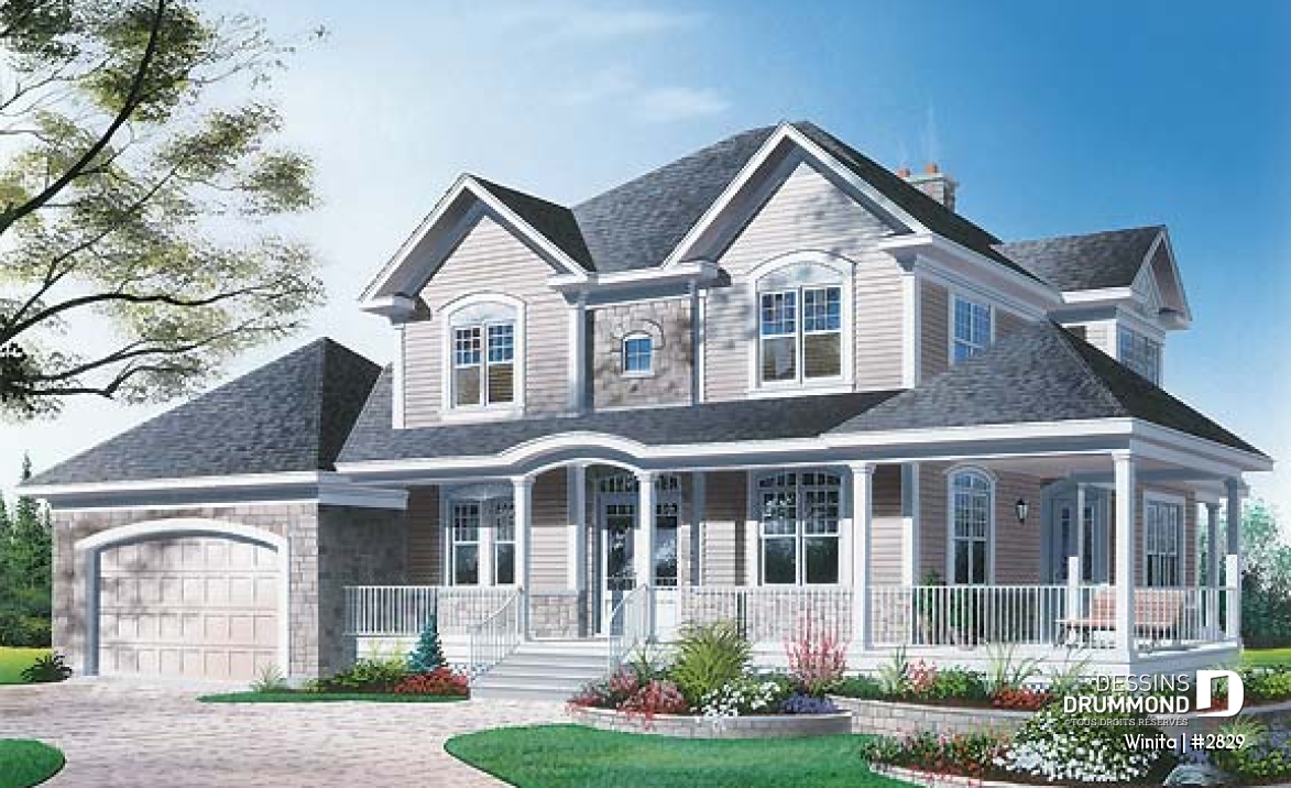 Vue avant - MODÈLE DE BASE - Maison style américain, grande chambre des maîtres, 3 chambres, cinéma maison, foyer, grande cuisine, garage - Winita