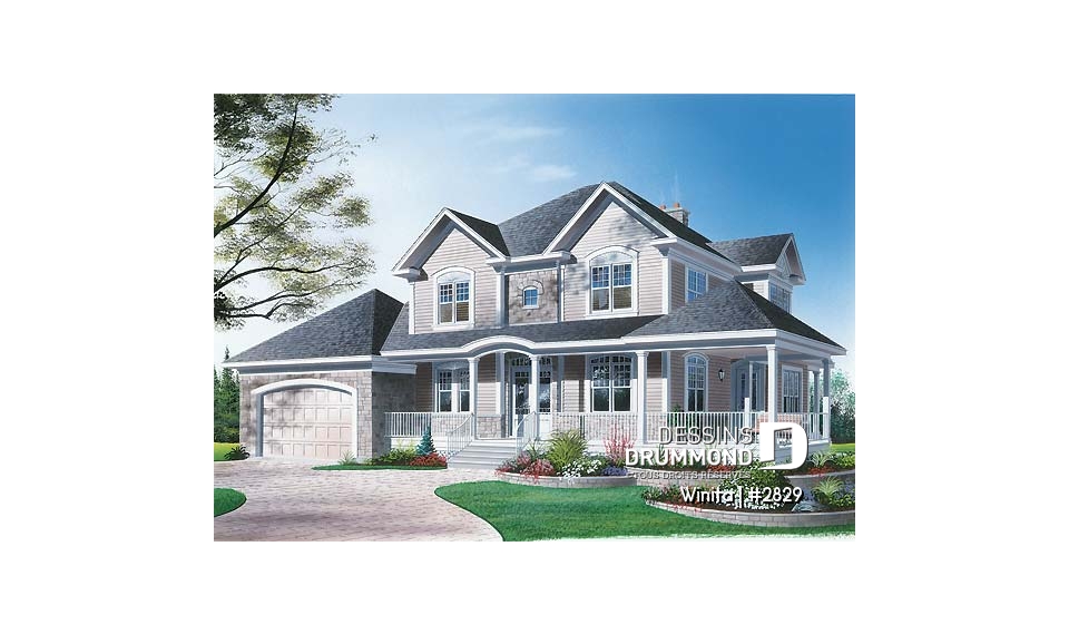 Vue avant - MODÈLE DE BASE - Maison style américain, grande chambre des maîtres, 3 chambres, cinéma maison, foyer, grande cuisine, garage - Winita