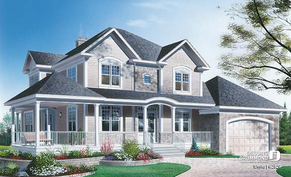 Vue avant - MODÈLE DE BASE - Maison style américain, grande chambre des maîtres, 3 chambres, cinéma maison, foyer, grande cuisine, garage - Winita