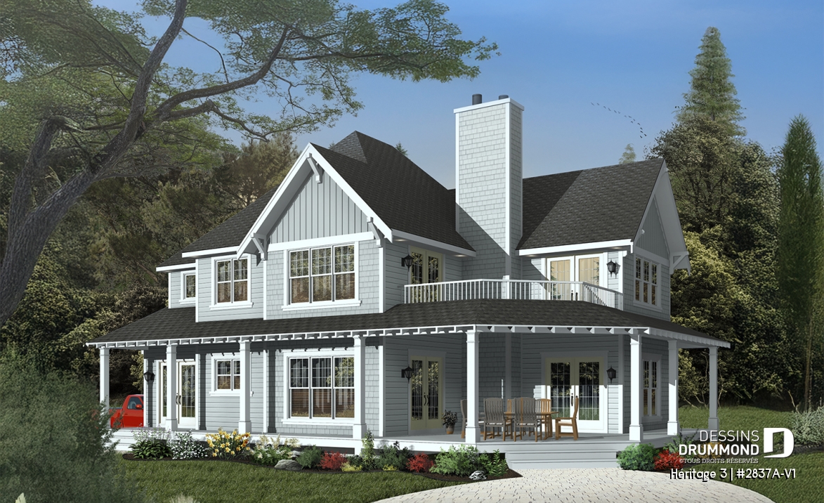 Vue avant - MODÈLE DE BASE - Plan maison champêtre, 3 chambres, garage double, 2 salons, foyer, plusieurs terrasses - Héritage 3