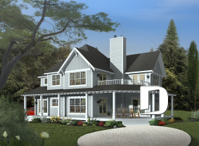 Vue avant - MODÈLE DE BASE - Plan maison champêtre, 3 chambres, garage double, 2 salons, foyer, plusieurs terrasses - Héritage 3