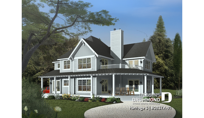 Vue avant - MODÈLE DE BASE du plan de maison unifamiliale 2837A-V1 Vue avant - MODÈLE DE BASE - Plan maison champêtre, 3 chambres, garage double, 2 salons, foyer, plusieurs terrasses - Héritage 3