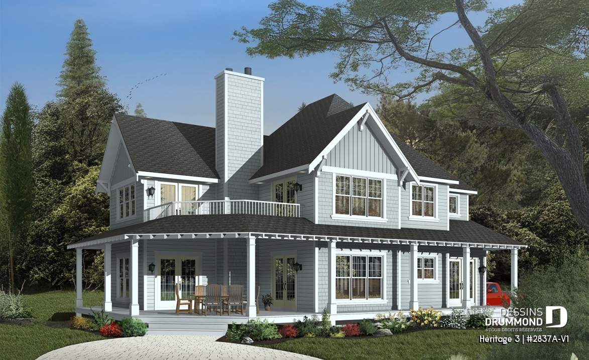 Vue avant - MODÈLE DE BASE - Plan maison champêtre, 3 chambres, garage double, 2 salons, foyer, plusieurs terrasses - Héritage 3
