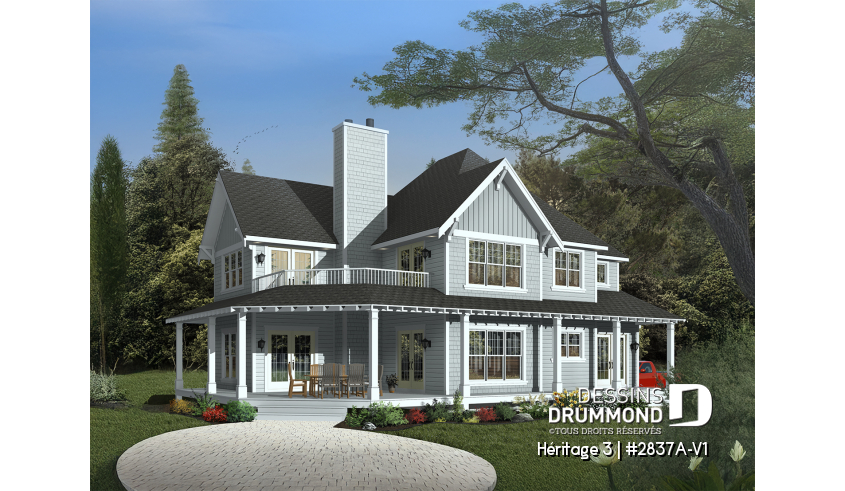 Vue avant - MODÈLE DE BASE du plan de maison unifamiliale 2837A-V1 Vue avant - MODÈLE DE BASE - Plan maison champêtre, 3 chambres, garage double, 2 salons, foyer, plusieurs terrasses - Héritage 3
