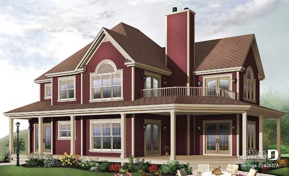 Vue avant - MODÈLE DE BASE - Plan maison champêtre, terrasse à l'étage et balcon couvert sur 3 faces, 3 à 4 chambres, garage double - Héritage 2