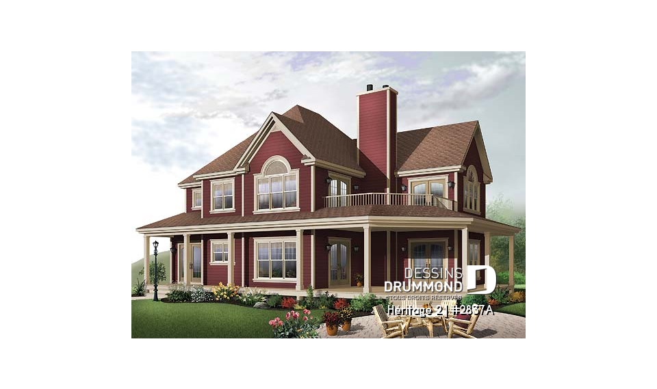 Vue avant - MODÈLE DE BASE - Plan maison champêtre, terrasse à l'étage et balcon couvert sur 3 faces, 3 à 4 chambres, garage double - Héritage 2