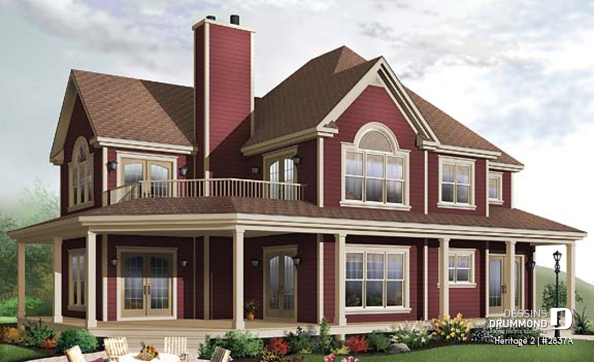 Vue avant - MODÈLE DE BASE - Plan maison champêtre, terrasse à l'étage et balcon couvert sur 3 faces, 3 à 4 chambres, garage double - Héritage 2