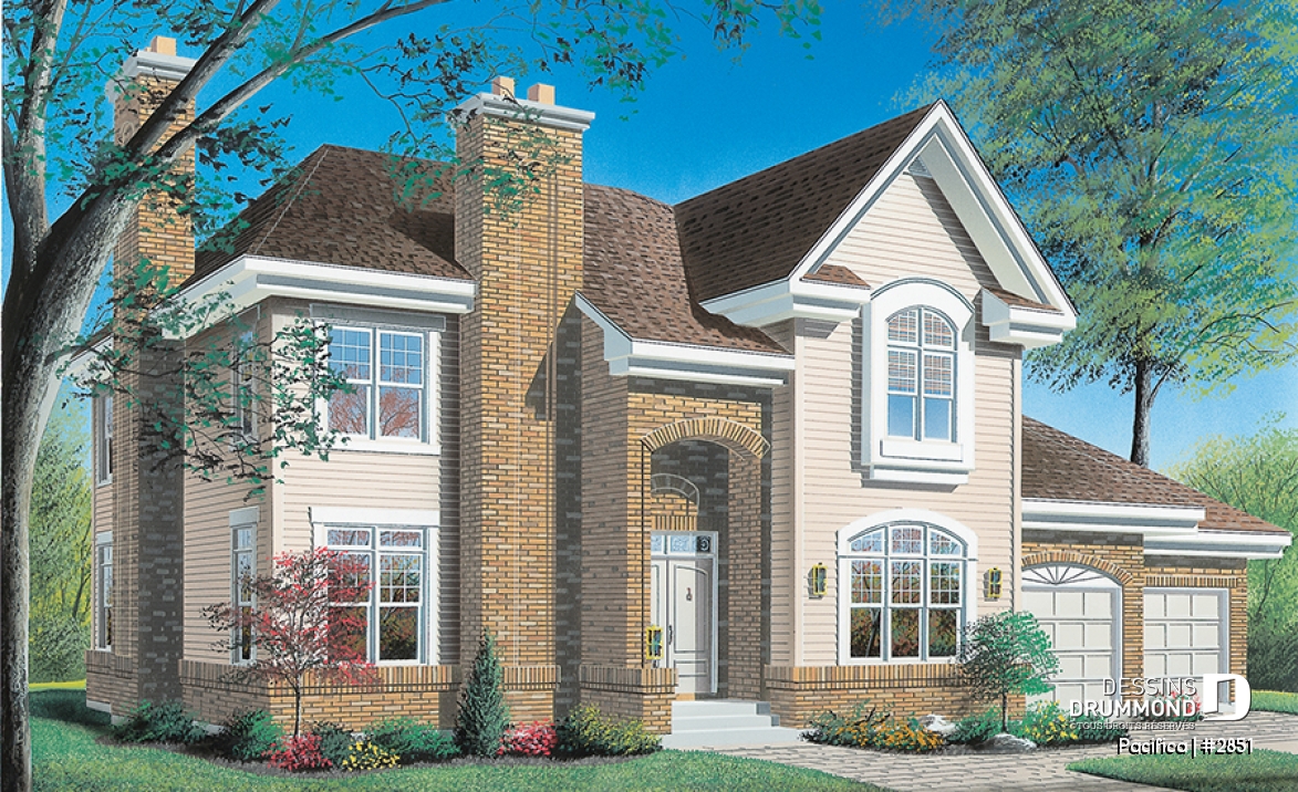 Vue avant - MODÈLE DE BASE - Plan de maison 4 chambres sur même étage, piscine intérieure, garage double, grand pièce boni, foyers - Pacifica