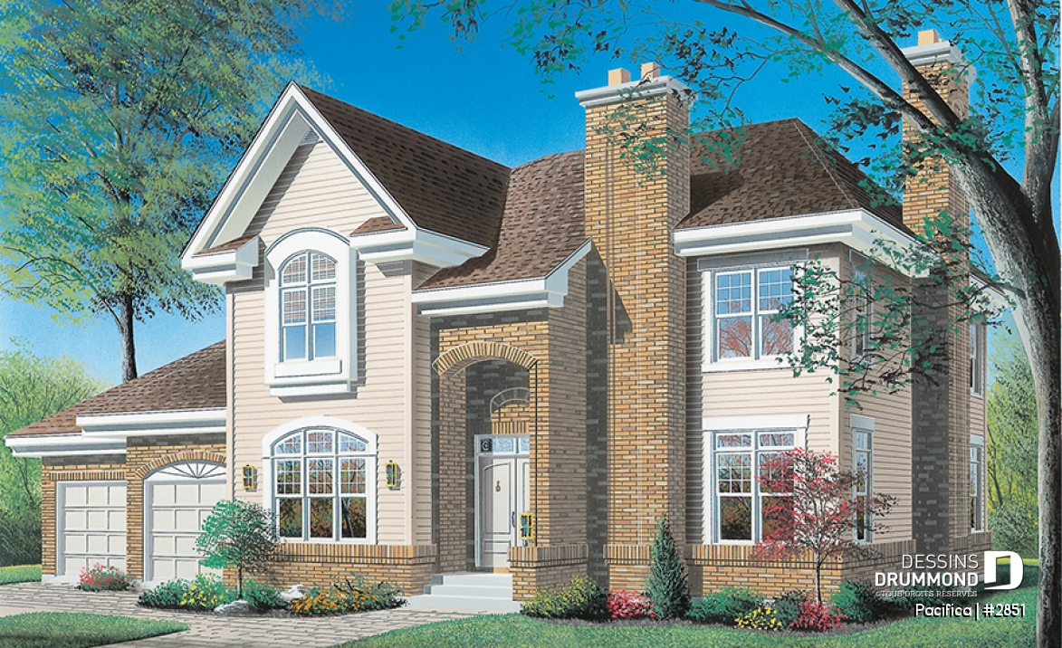 Vue avant - MODÈLE DE BASE - Plan de maison 4 chambres sur même étage, piscine intérieure, garage double, grand pièce boni, foyers - Pacifica