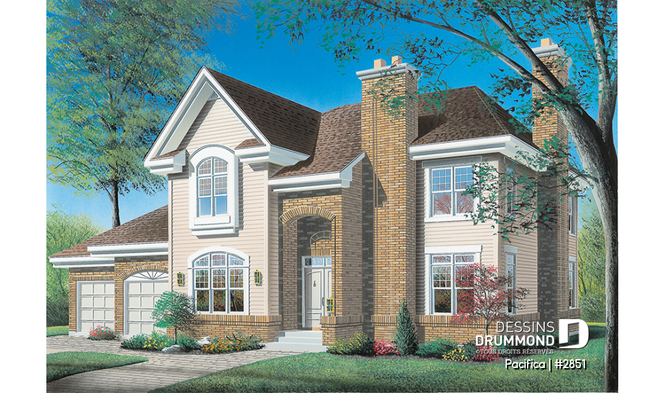 Vue avant - MODÈLE DE BASE - Plan de maison 4 chambres sur même étage, piscine intérieure, garage double, grand pièce boni, foyers - Pacifica