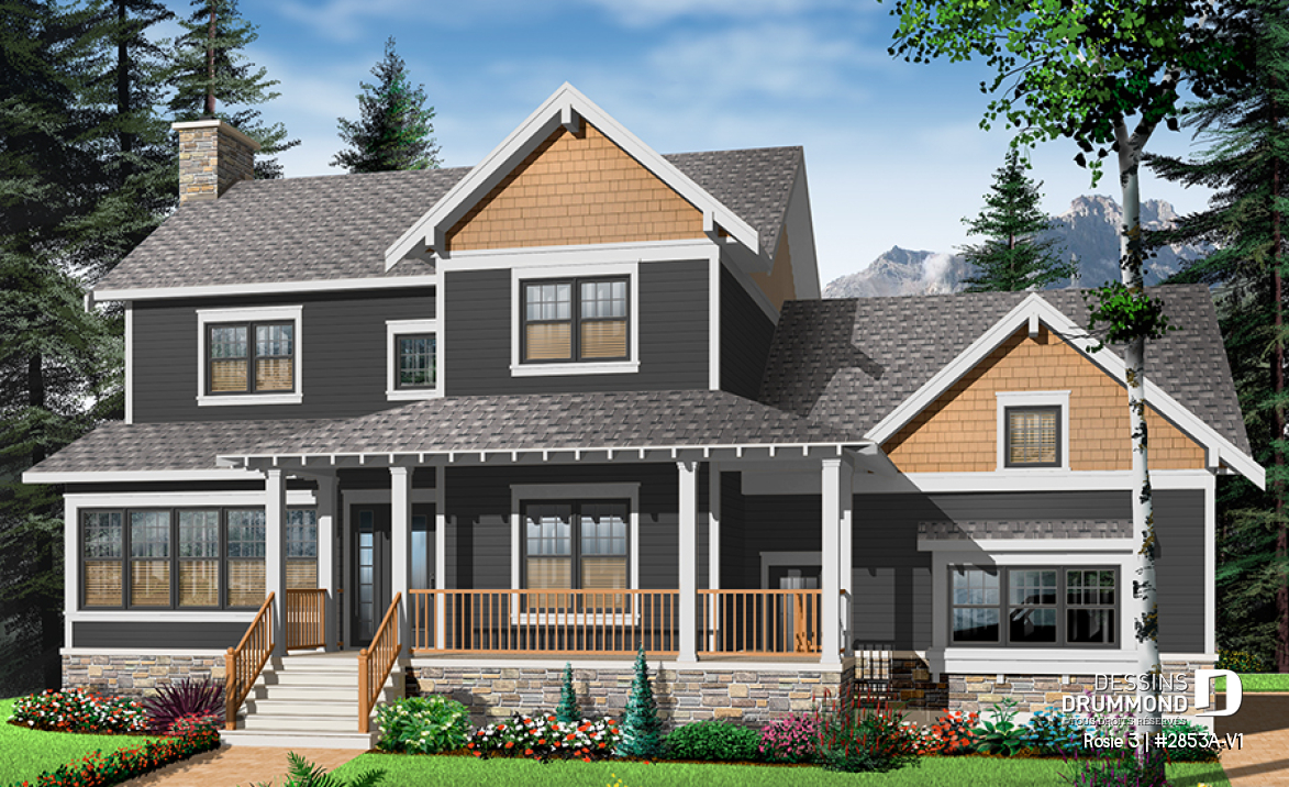 Vue avant - MODÈLE DE BASE - Plan de maison Craftsman 3 à 4 chambres, bureau à domicile, solarium, garage double, foyer, salle à manger - Rosie 3