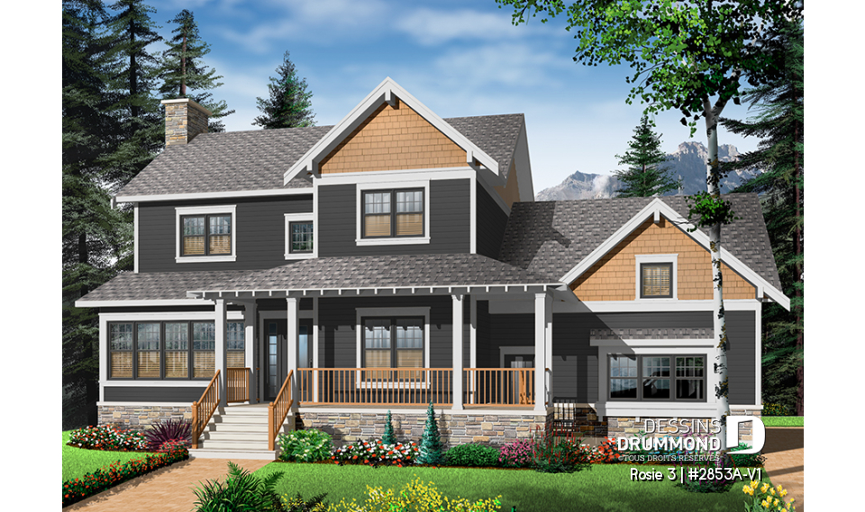 Vue avant - MODÈLE DE BASE - Plan de maison Craftsman 3 à 4 chambres, bureau à domicile, solarium, garage double, foyer, salle à manger - Rosie 3