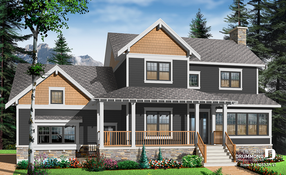 Vue avant - MODÈLE DE BASE - Plan de maison Craftsman 3 à 4 chambres, bureau à domicile, solarium, garage double, foyer, salle à manger - Rosie 3