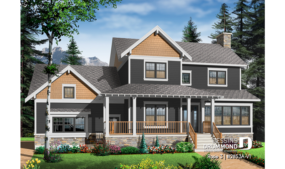Vue avant - MODÈLE DE BASE - Plan de maison Craftsman 3 à 4 chambres, bureau à domicile, solarium, garage double, foyer, salle à manger - Rosie 3