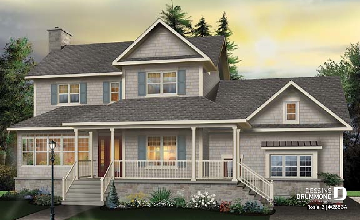 Vue avant - MODÈLE DE BASE - Plan de maison champêtre américaine, solarium, 3 à 4 chambres, garage double, espace boni au-dessus du garage - Rosie 2