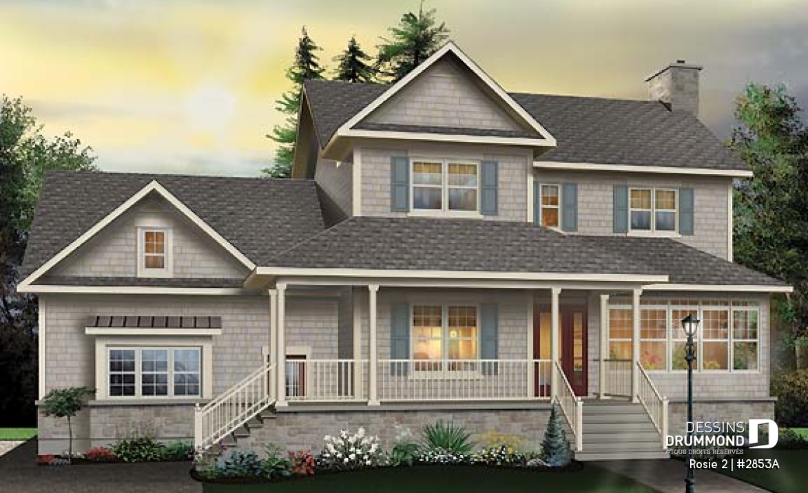 Vue avant - MODÈLE DE BASE - Plan de maison champêtre américaine, solarium, 3 à 4 chambres, garage double, espace boni au-dessus du garage - Rosie 2