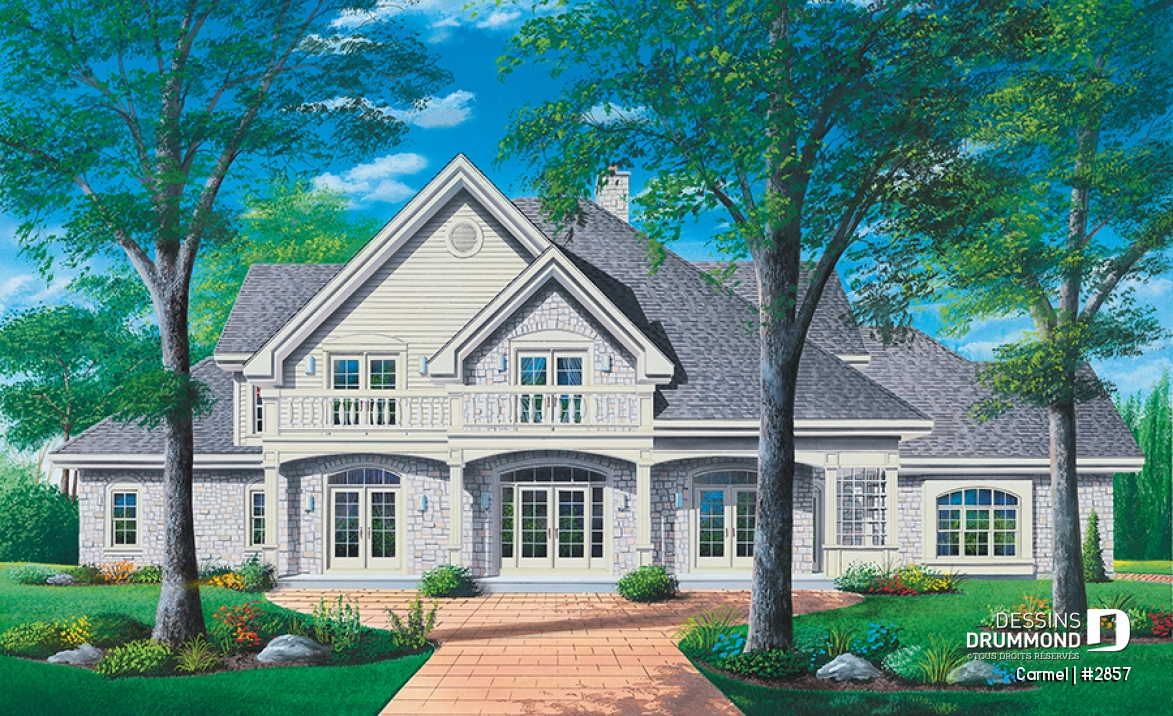 Vue avant - MODÈLE DE BASE - Plan de maison luxueuse avec 5 chambres, suite des maîtres au r-d-c, plafond cathédrale, garage triple - Carmel
