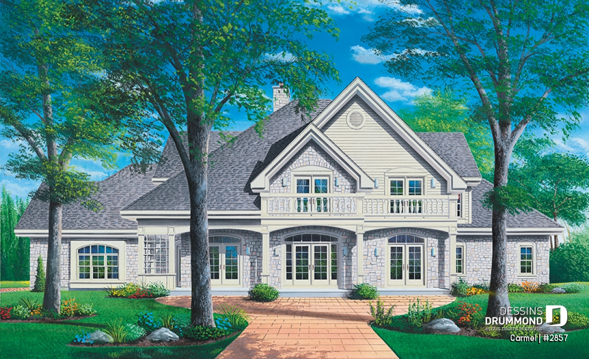 Vue avant - MODÈLE DE BASE - Plan de maison luxueuse avec 5 chambres, suite des maîtres au r-d-c, plafond cathédrale, garage triple - Carmel