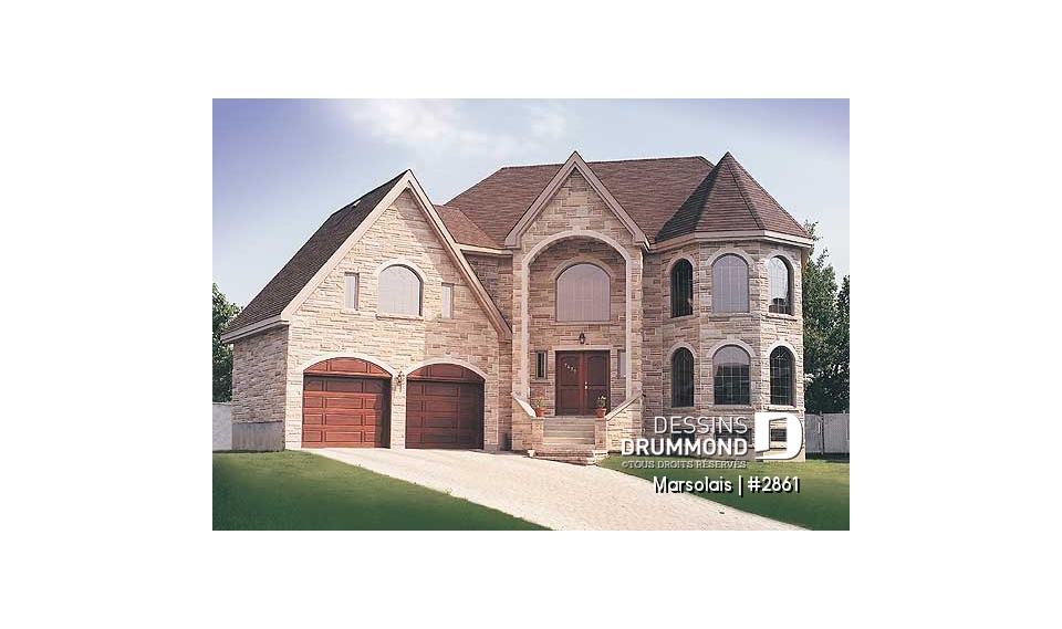 Vue avant - MODÈLE DE BASE - Plan de maison 4 à 5 chambres, garage double, coin dînette, salle de jeux et buanderie à l'étage - Marsolais
