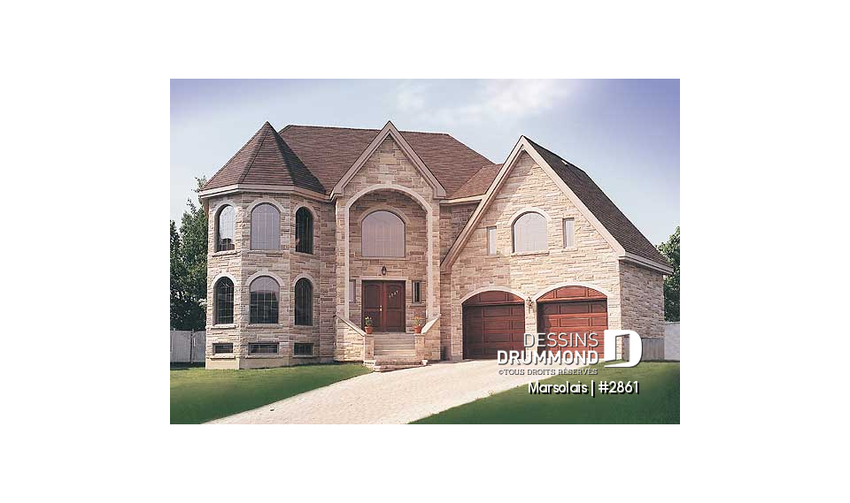 Vue avant - MODÈLE DE BASE - Plan de maison 4 à 5 chambres, garage double, coin dînette, salle de jeux et buanderie à l'étage - Marsolais