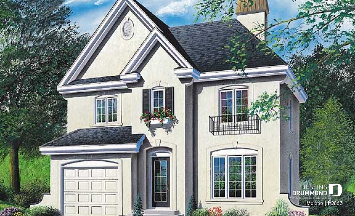 Vue avant - MODÈLE DE BASE - Plan de maison à étage, 3 chambres, garage, 2.5 salles de bain, vestibule, chambre parents avec foyer - Molène