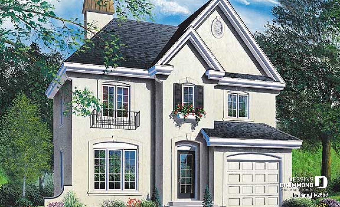 Vue avant - MODÈLE DE BASE - Plan de maison à étage, 3 chambres, garage, 2.5 salles de bain, vestibule, chambre parents avec foyer - Molène