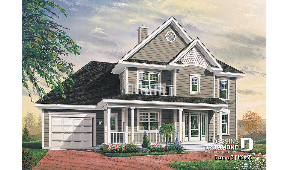 Vue avant - MODÈLE DE BASE - Plan de maison de campagne, 3 chambres, grand garage, coin déjeuner remarquable, buanderie au r-d-c - Darma 3