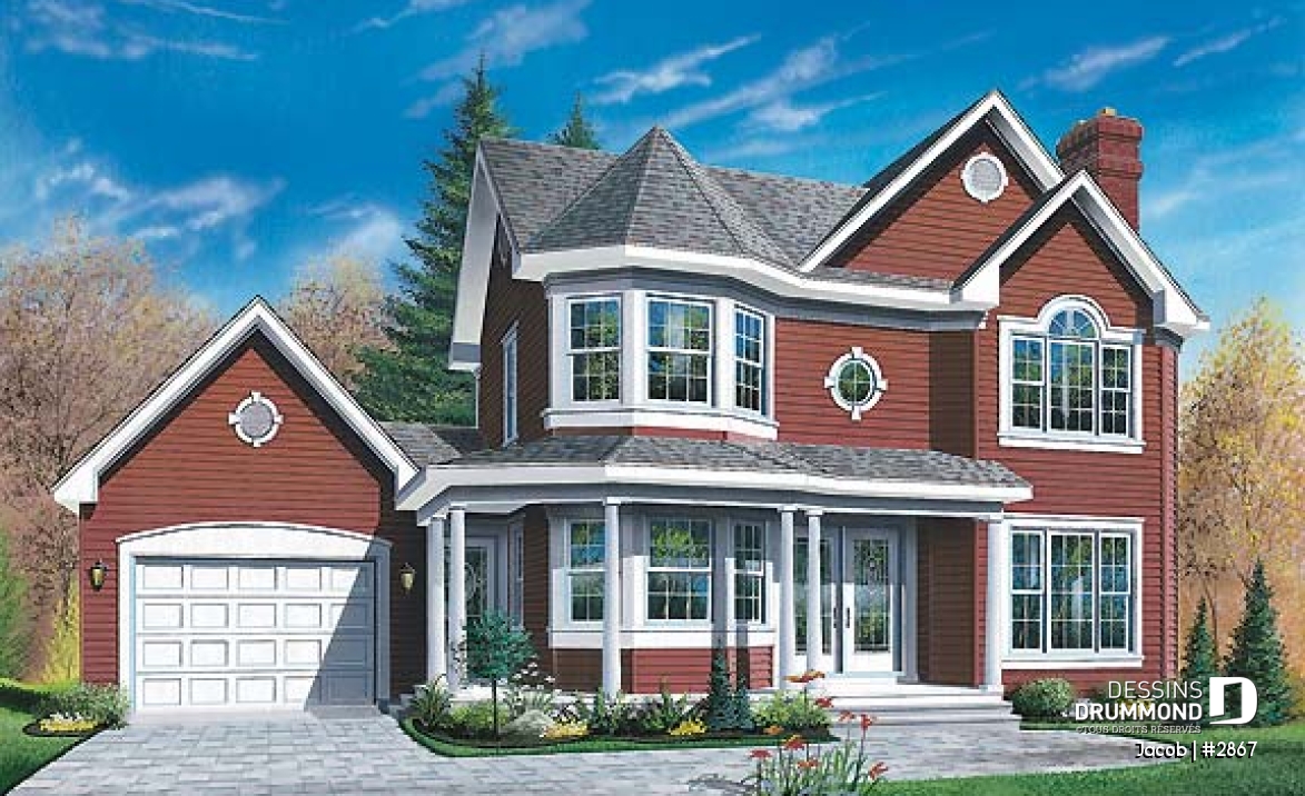 Vue avant - MODÈLE DE BASE - Plan maison style victorien, 3 chambres, 2 bureaux, coin déjeuner, foyer au séjour, vestiaire, garage - Jacob