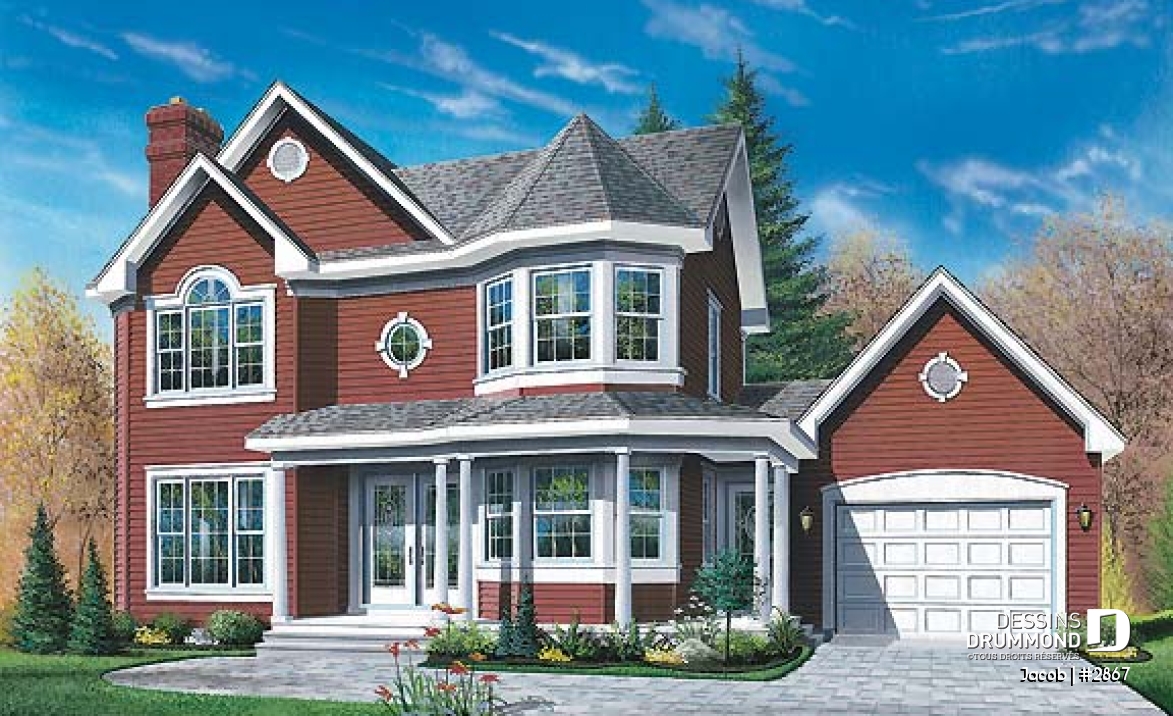 Vue avant - MODÈLE DE BASE - Plan maison style victorien, 3 chambres, 2 bureaux, coin déjeuner, foyer au séjour, vestiaire, garage - Jacob