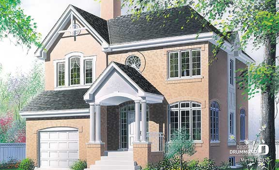 Vue avant - MODÈLE DE BASE - Maison 2 étages pour terrain étroit avec garage, 3 chambres, coin déjeuner - Myrtille