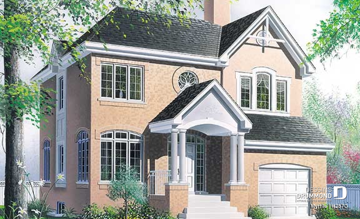 Vue avant - MODÈLE DE BASE - Maison 2 étages pour terrain étroit avec garage, 3 chambres, coin déjeuner - Myrtille