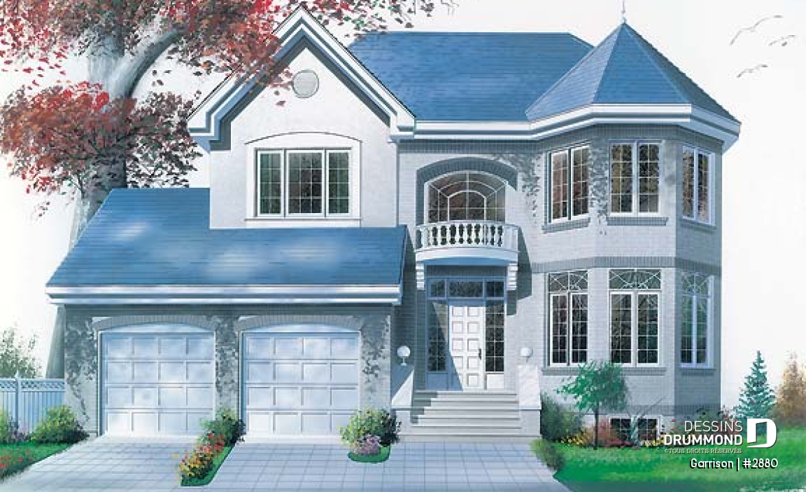 Vue avant - MODÈLE DE BASE - Plan de maison avec 2 salles familiales, 3 chambres, grand walk-in aux maîtres, garage double - Garrison