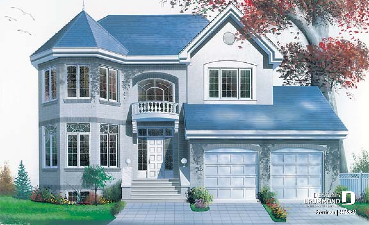 Vue avant - MODÈLE DE BASE - Plan de maison avec 2 salles familiales, 3 chambres, grand walk-in aux maîtres, garage double - Garrison