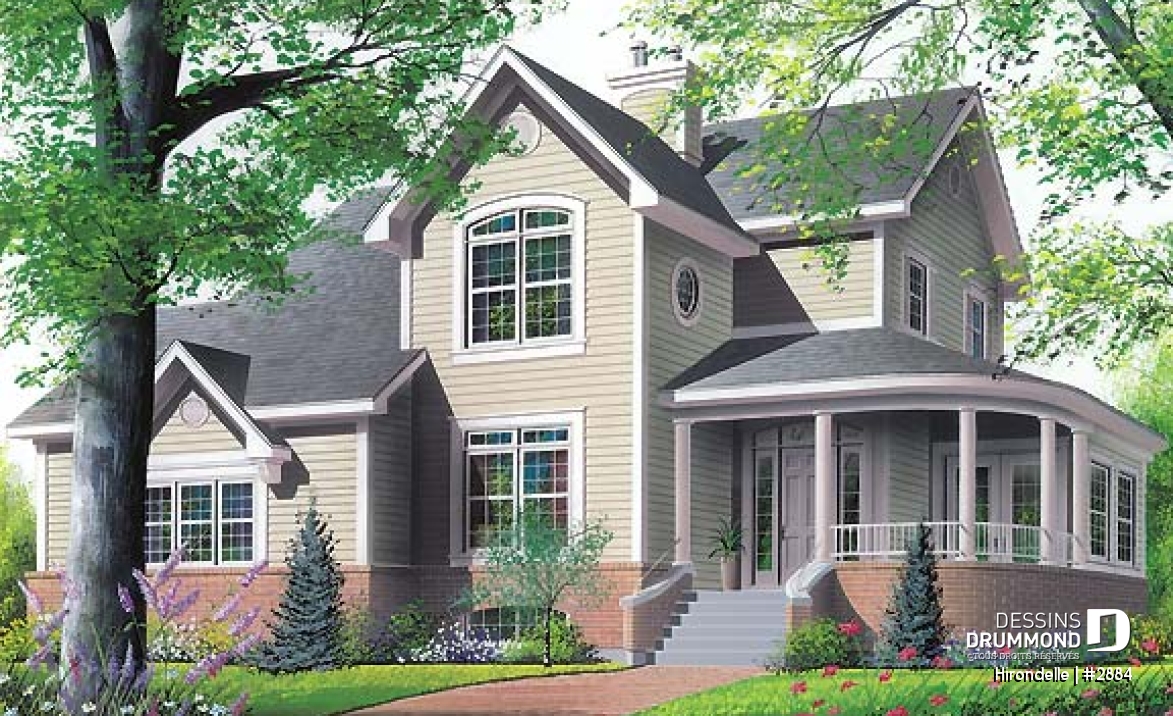 Vue avant - MODÈLE DE BASE - Plan de maison 4 chambres, 2.5 salles de bain, garage double de côté, solarium, foyer - Hirondelle