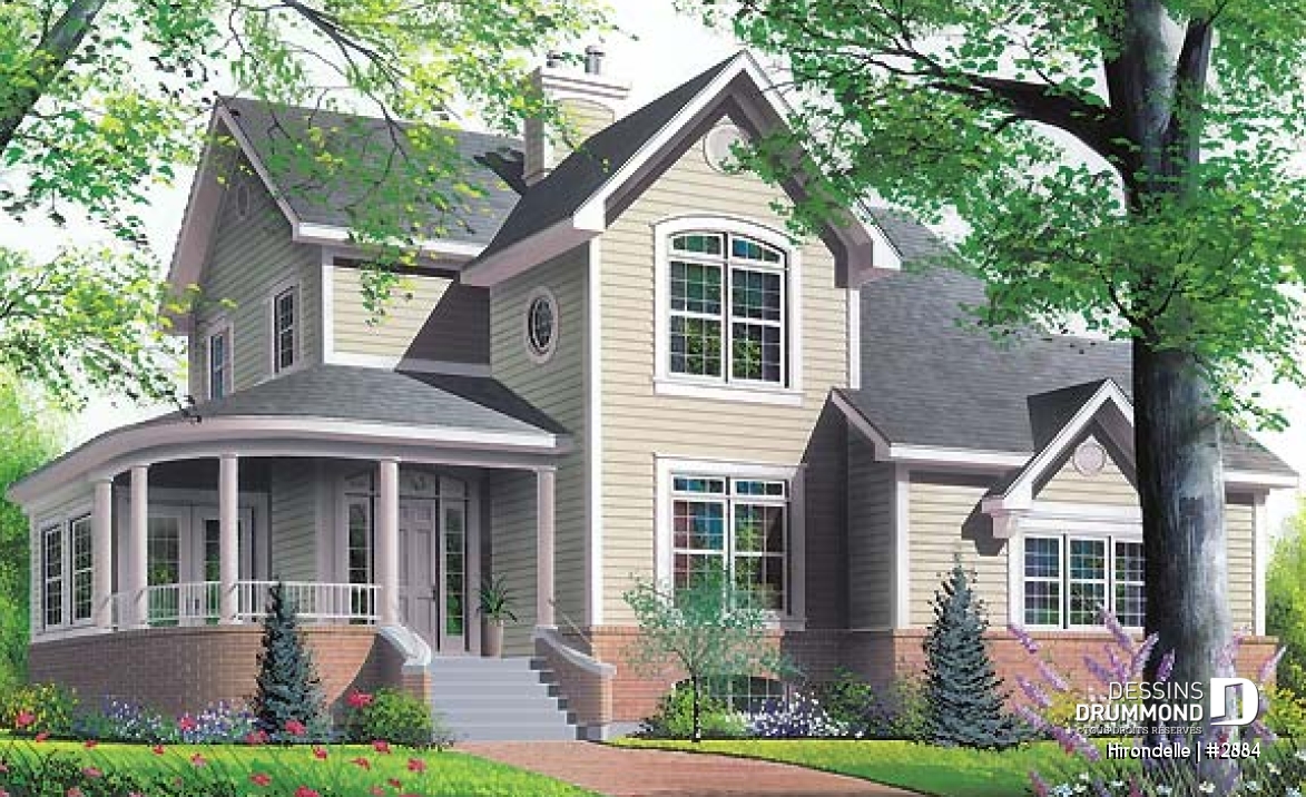 Vue avant - MODÈLE DE BASE - Plan de maison 4 chambres, 2.5 salles de bain, garage double de côté, solarium, foyer - Hirondelle