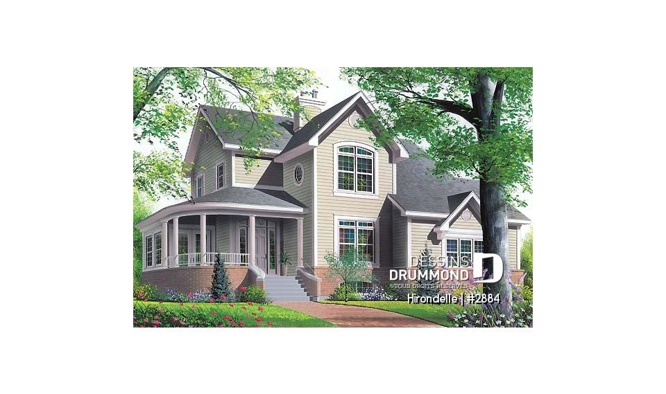 Vue avant - MODÈLE DE BASE - Plan de maison 4 chambres, 2.5 salles de bain, garage double de côté, solarium, foyer - Hirondelle