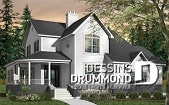 Version couleur no. 1 - Vue avant - Plan de maison farmhouse américaine, 4 chambres, garage double, suite maîtres, solarium, plafond 9' - Hirondelle 3