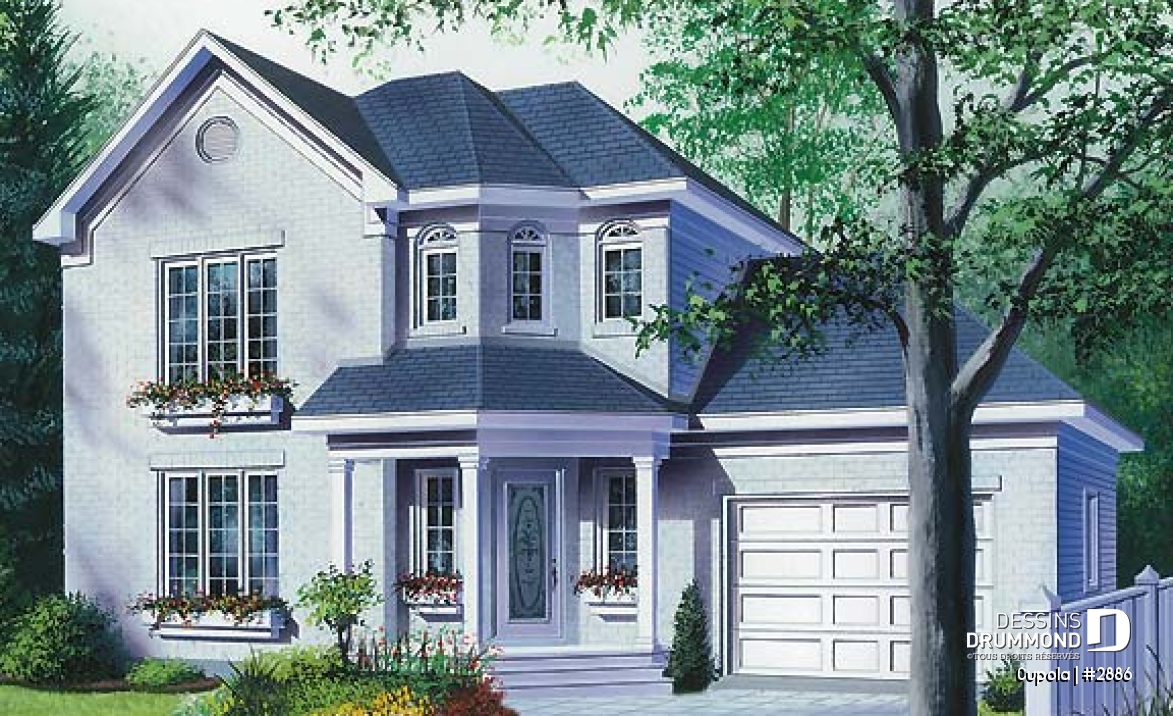 Vue avant - MODÈLE DE BASE - Plan maison 3 chambres avec garage, salle de lavage au rez-de-chaussée - Cupola