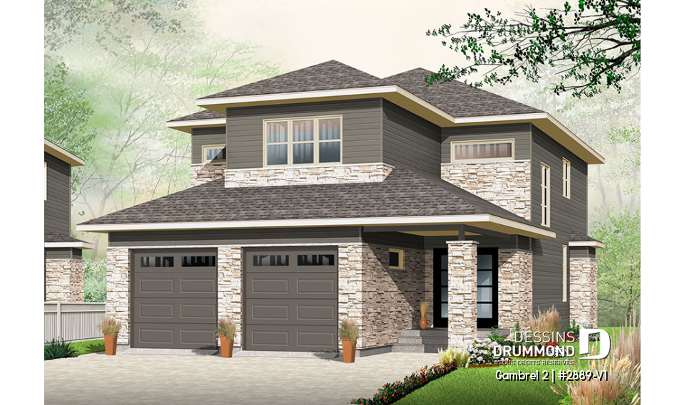 Vue avant - MODÈLE DE BASE - Plan de maison à étage 3 chambres, bureau ou pouponnière attenante à la suite des parents,  - Gambrel 2