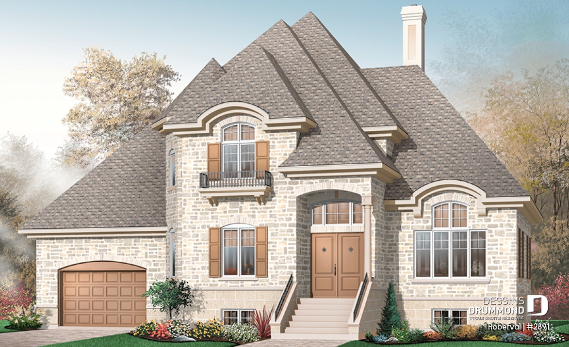 Vue avant - MODÈLE DE BASE - Maison avec salon spectaculaire, cuisine avec grand îlot, foyer, bureau, 3 à 4 chambres, grande suite parents - Roberval