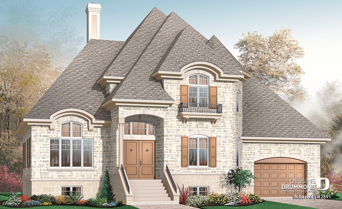 Vue avant - MODÈLE DE BASE - Maison avec salon spectaculaire, cuisine avec grand îlot, foyer, bureau, 3 à 4 chambres, grande suite parents - Roberval