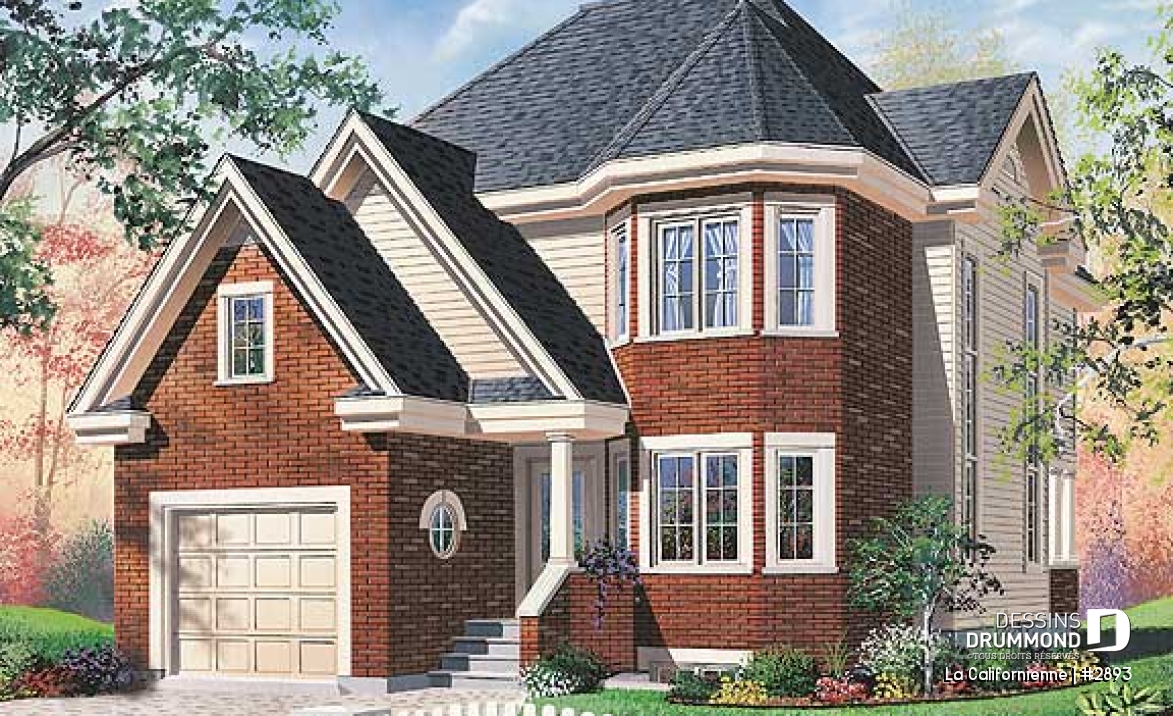 Vue avant - MODÈLE DE BASE - Plan de maison avec petit gym prévu à l'étage, 3 chambres, plafond cathédral, garage - La Californienne