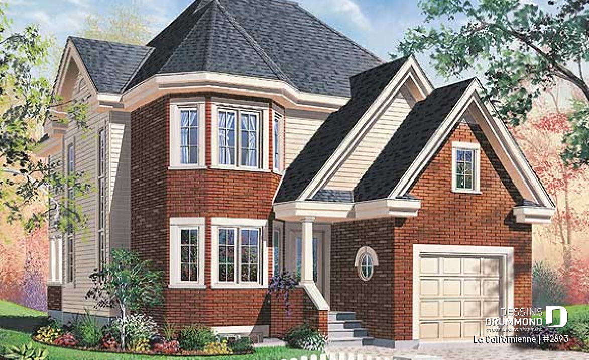 Vue avant - MODÈLE DE BASE - Plan de maison avec petit gym prévu à l'étage, 3 chambres, plafond cathédral, garage - La Californienne