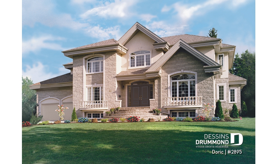 Vue avant - MODÈLE DE BASE - Grande maison avec garage double, 4 chambres, 3.5 salles de bain, 2 salons, bureau à domicile, plafond 9' - Doric